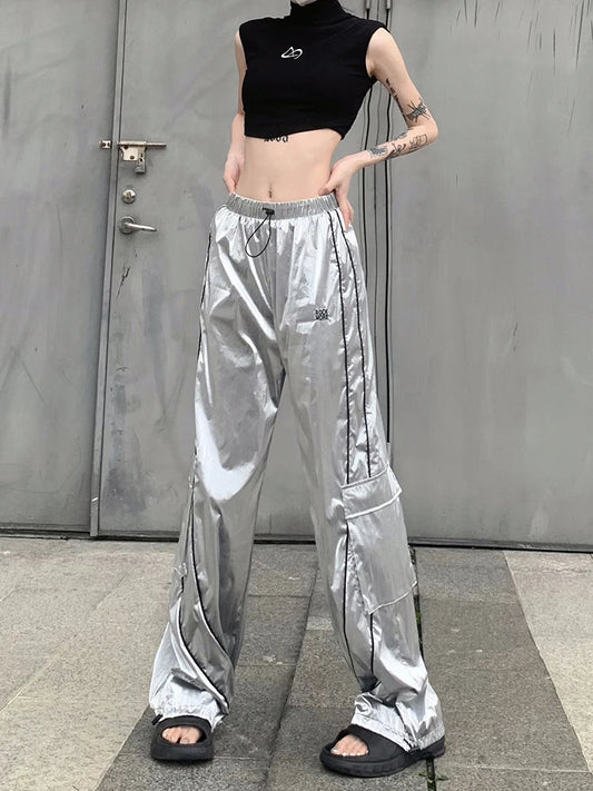 Streetwear High Waist Silver Cargo Sweatpants